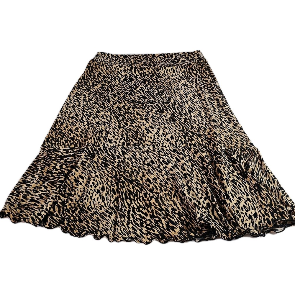 Cato Leopard Print Midi Skirt Size Small Med Stretch Ruffle Waist Flowy Chic EUC